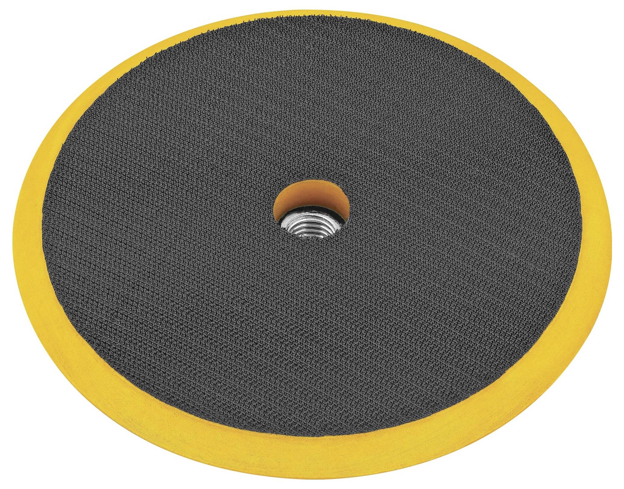 Eine runde, gelbe Polierscheibe mit schwarzer, texturierter Oberfläche und Metallgewinde in der Mitte.