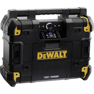 Schwarzer DEWALT Werkzeugkoffer mit gelben Akzenten, robustem Griff und Ladefunktion, ideal für den Transport von Werkzeugen.