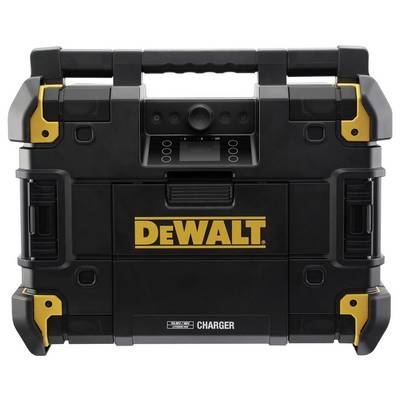 'DeWalt' Markenradio in robustem Gehäuse, schwarz-gelb. Enthält Lautsprecher, Bedienelemente und Ladefunktion, ideal für Werkstatt.