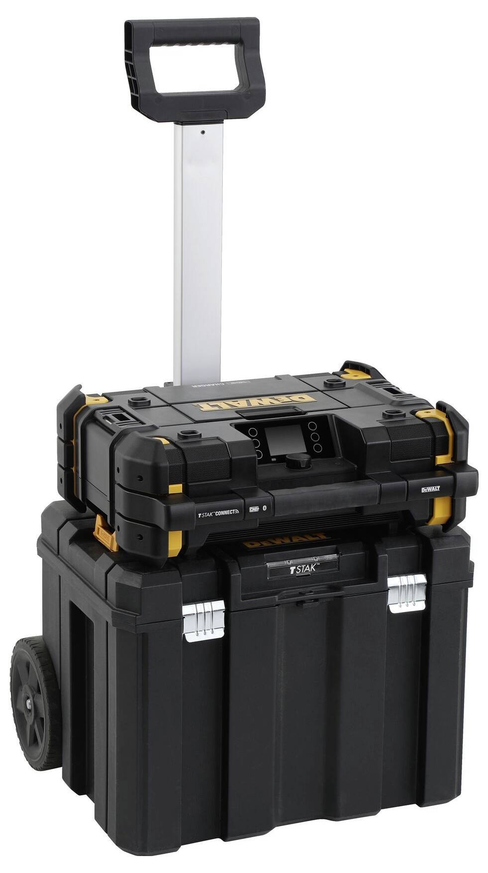 Werkzeugkasten auf Rädern mit ausziehbarem Griff, bestehend aus zwei stapelbaren Boxen. Ideal für den Transport von Werkzeugen.