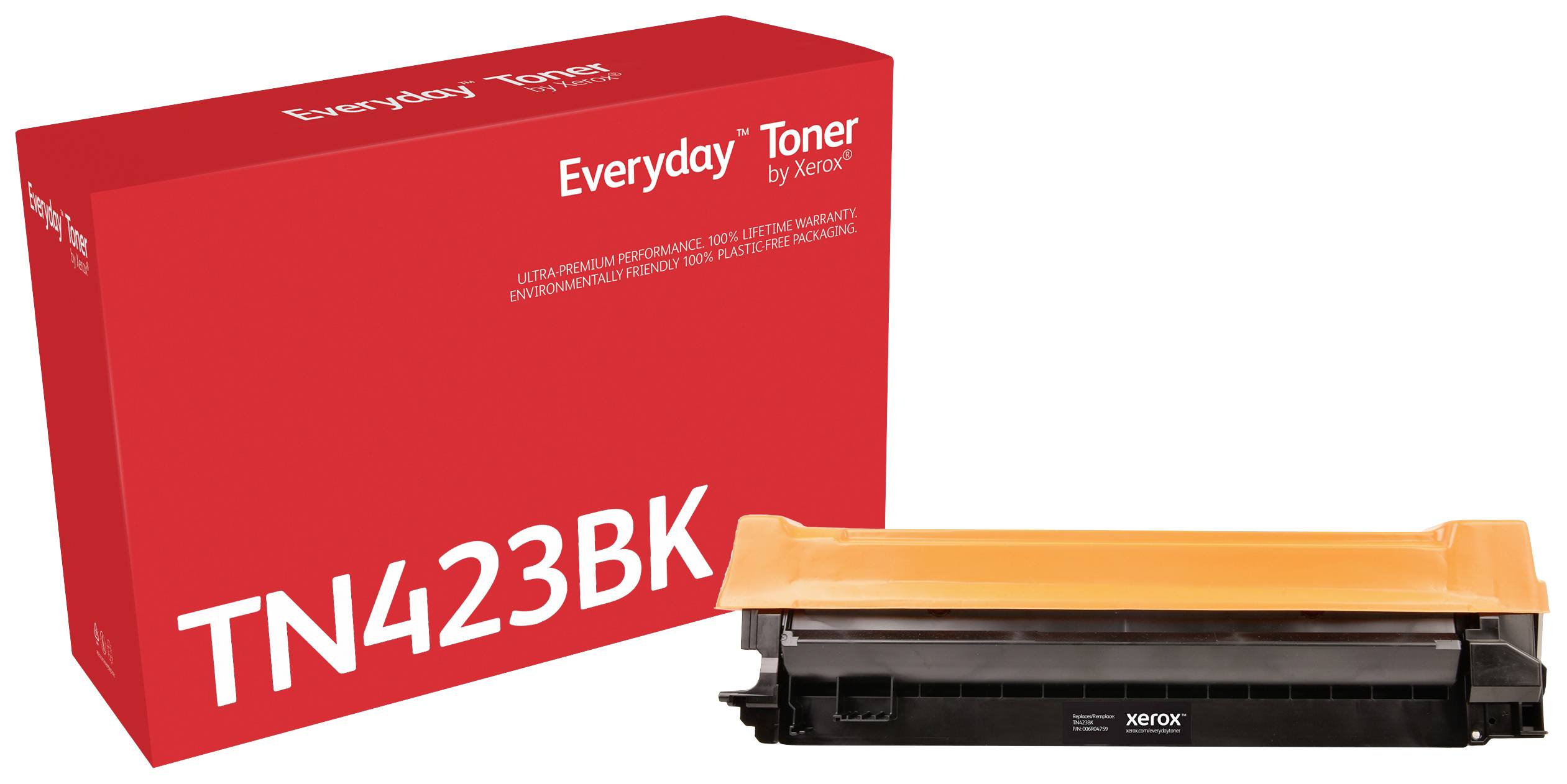 'Xerox TN423BK Tonerkartusche' neben rotem 'Everyday Toner by Xerox' Karton.
