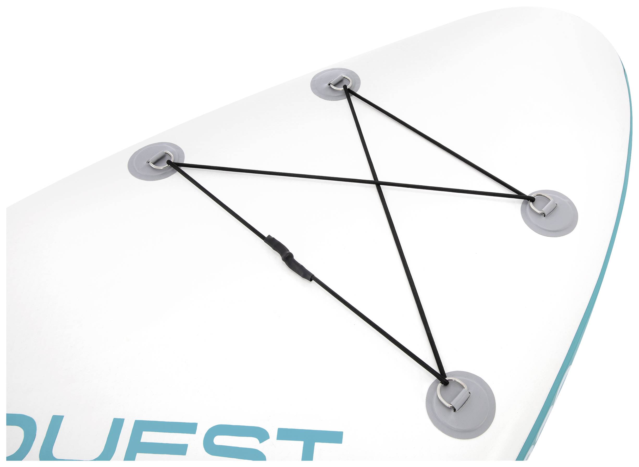 Ein weißes Surfbrett mit elastischen Gurten in Kreuzform auf der Oberfläche, die zur Lagerung von Gegenständen genutzt werden können.
