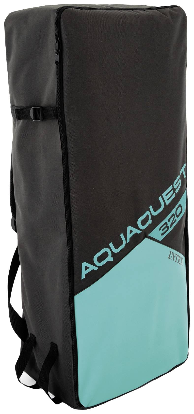 Eine schwarze und türkisfarbene Tragetasche mit dem Aufdruck 'AquaQuest 320'.
