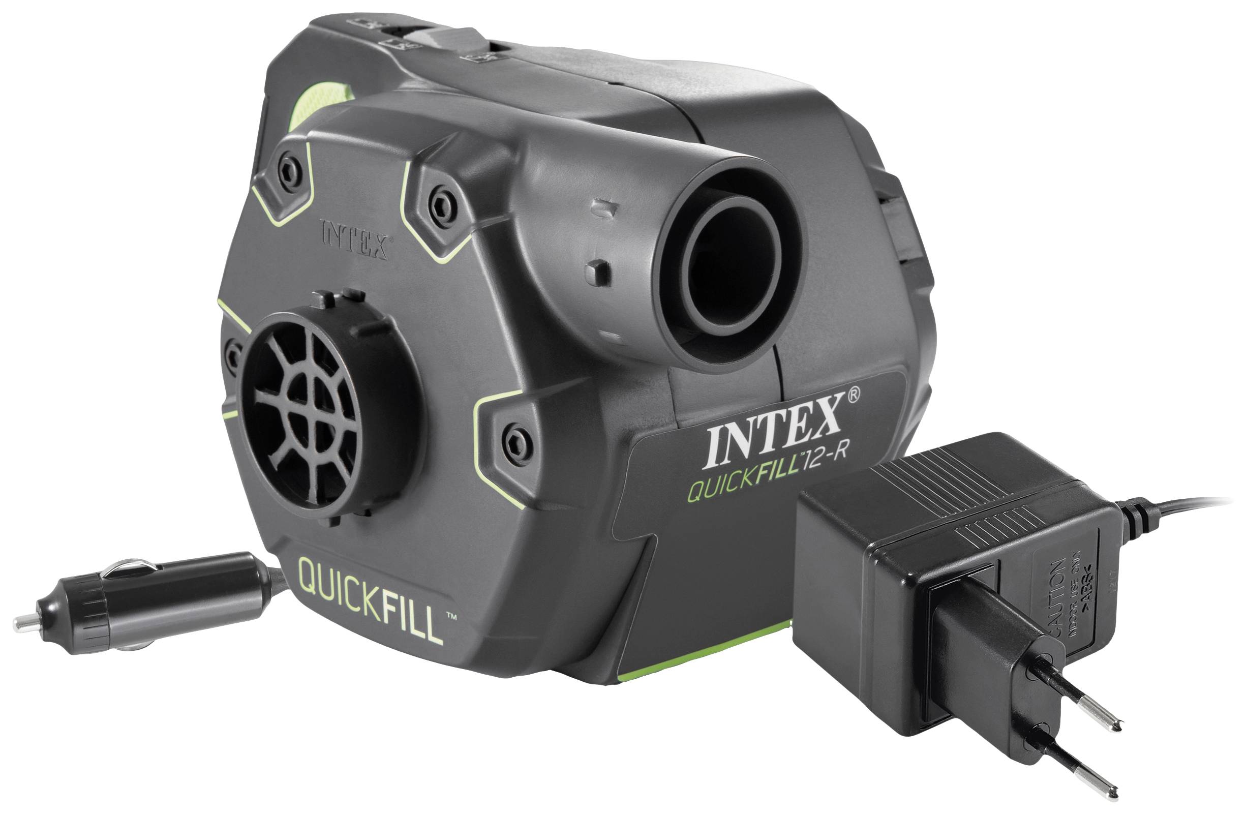 Elektrische Luftpumpe 'Intex Quick-Fill 12-R' mit Netzkabel und Autoadapter. Geeignet zum Aufblasen von Luftmatratzen und Schwimmringen.