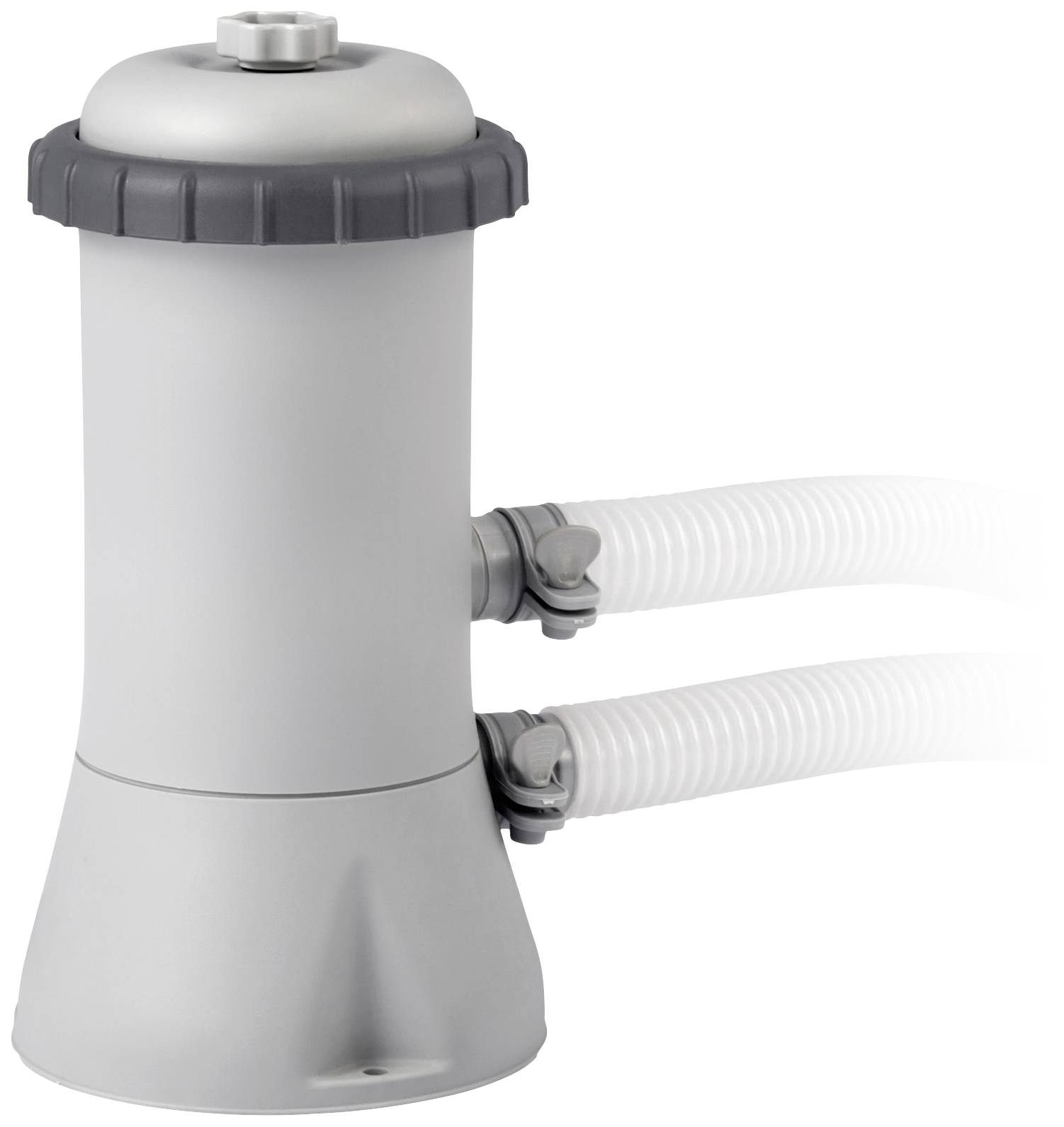 Graues zylindrisches Schwimmbad-Pumpensystem mit zwei angeschlossenen Schläuchen, verwendet zur Wasserzirkulation und Reinigung.