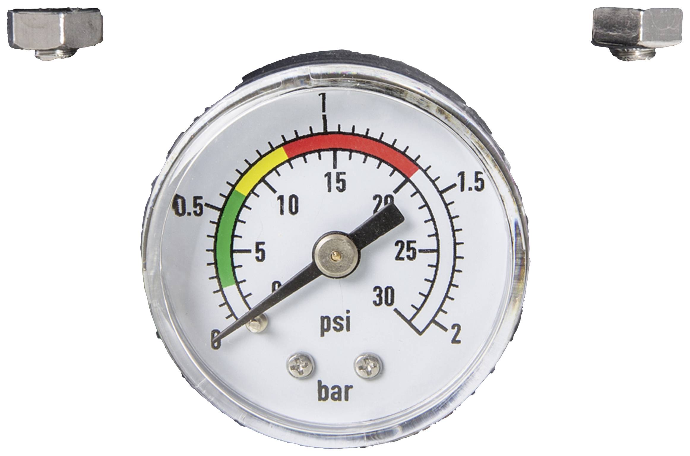 Manometer, das den Druck in psi und bar misst, zeigt Wert im gelben Bereich an. Skala geht von grün über gelb zu rot.