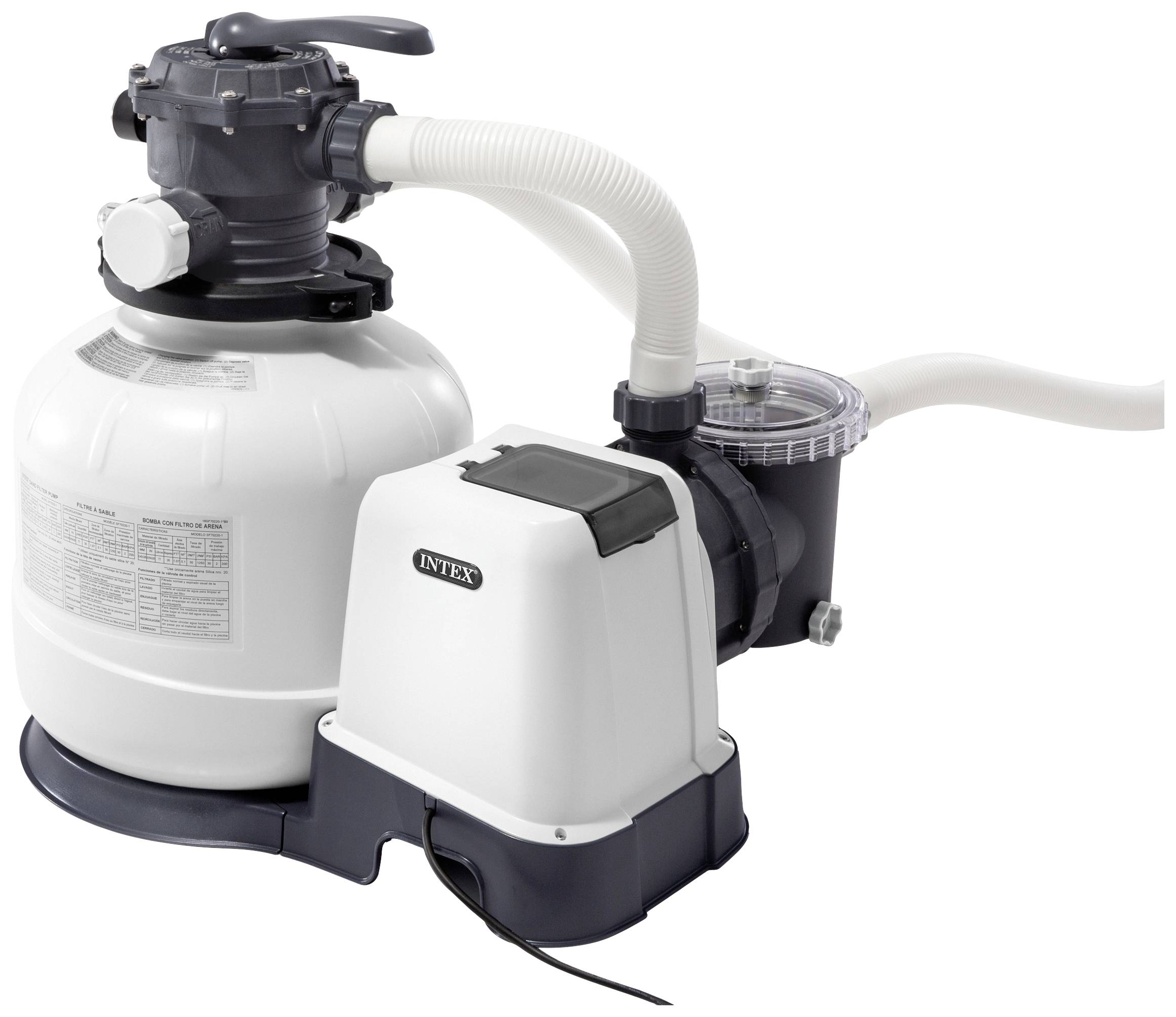 Sandfilterpumpe mit weißem Tank und grauem Ventil verbunden mit einem weißen Motor. Dient zur Reinigung von Poolwasser.