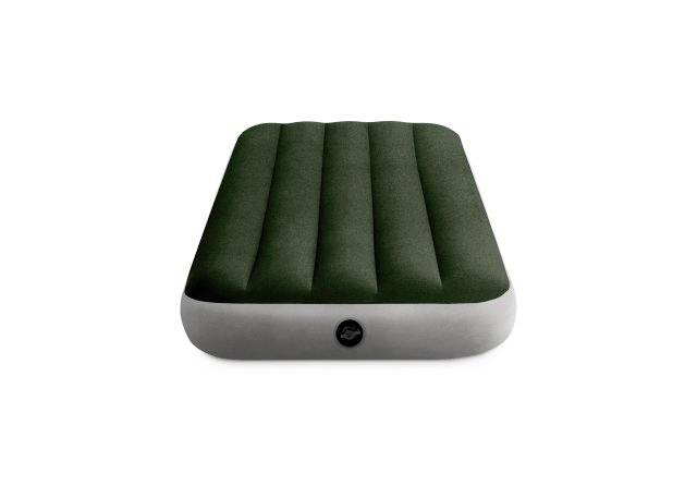 Luftmatratze in Dunkelgrün und Hellgrau, mit strukturierten Rillen und einem Ventil auf der Vorderseite. Ideal für Camping.