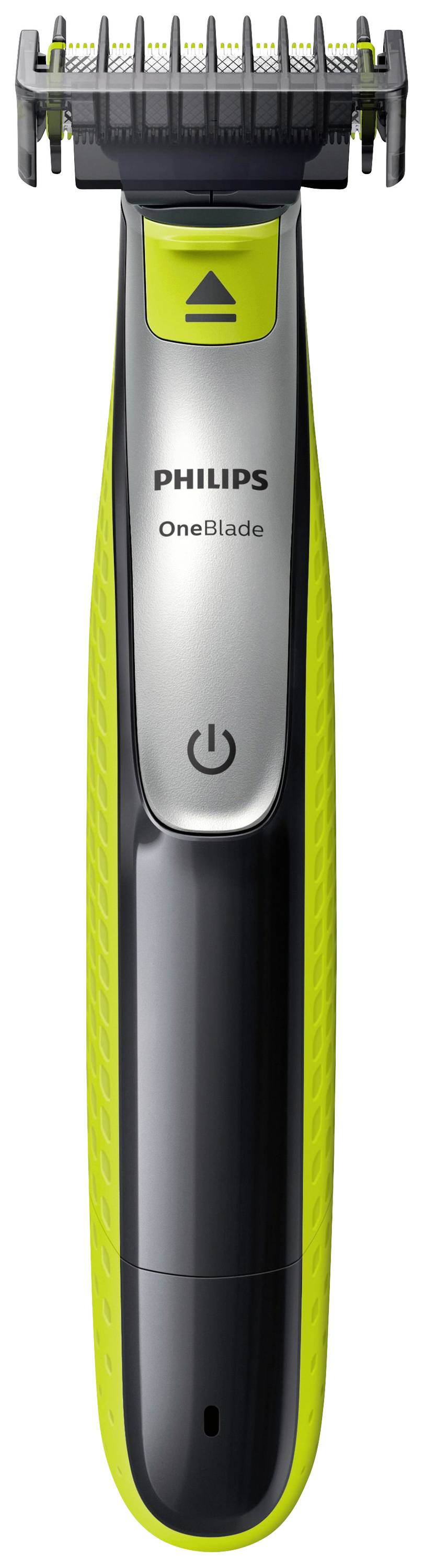 Ein elektrischer Rasierer mit grauem Griff und gelben Akzenten. Markenname 'Philips OneBlade' und Ein/Aus-Symbol sichtbar.