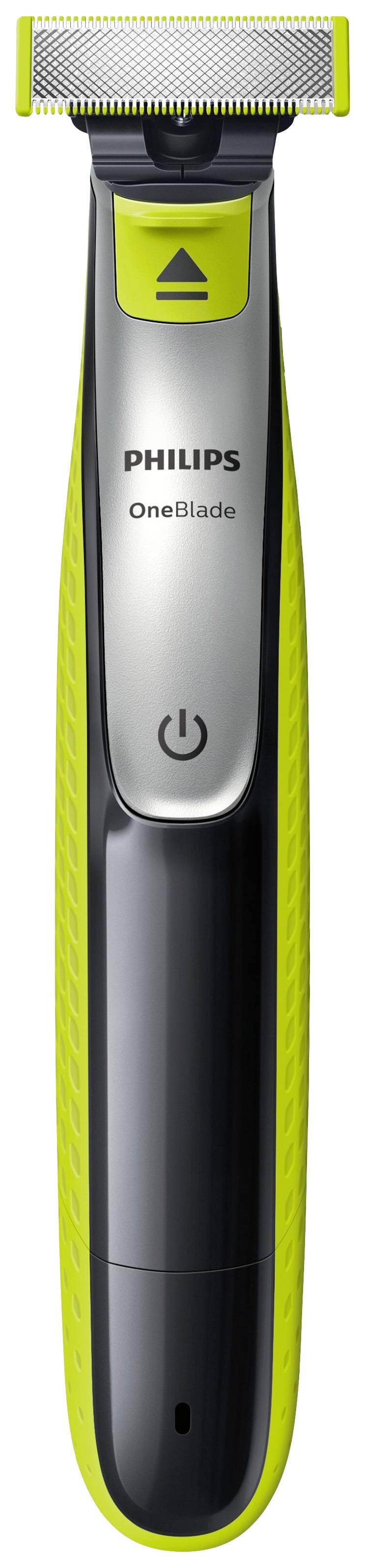 Rasierapparat in neon-grünem Design mit der Aufschrift 'Philips OneBlade', geeignet für Bartpflege und -styling.