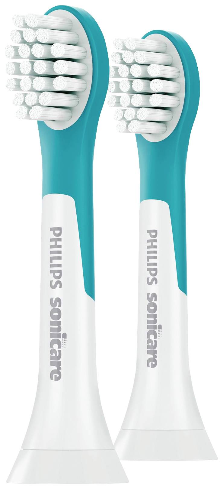 Zwei elektrische Zahnbürstenaufsätze in Blau und Weiß von Philips Sonicare. Die Bürsten haben abgerundete Borsten für eine schonende Reinigung.