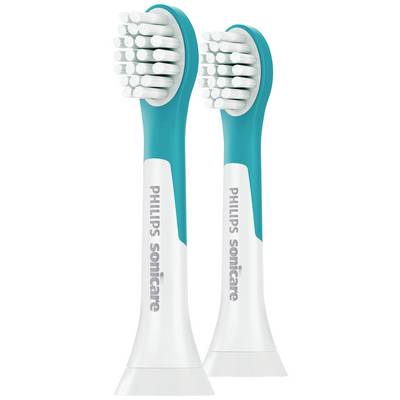 Zwei elektrische Zahnbürstenaufsätze in Blau und Weiß von Philips Sonicare. Die Bürsten haben abgerundete Borsten für eine schonende Reinigung.