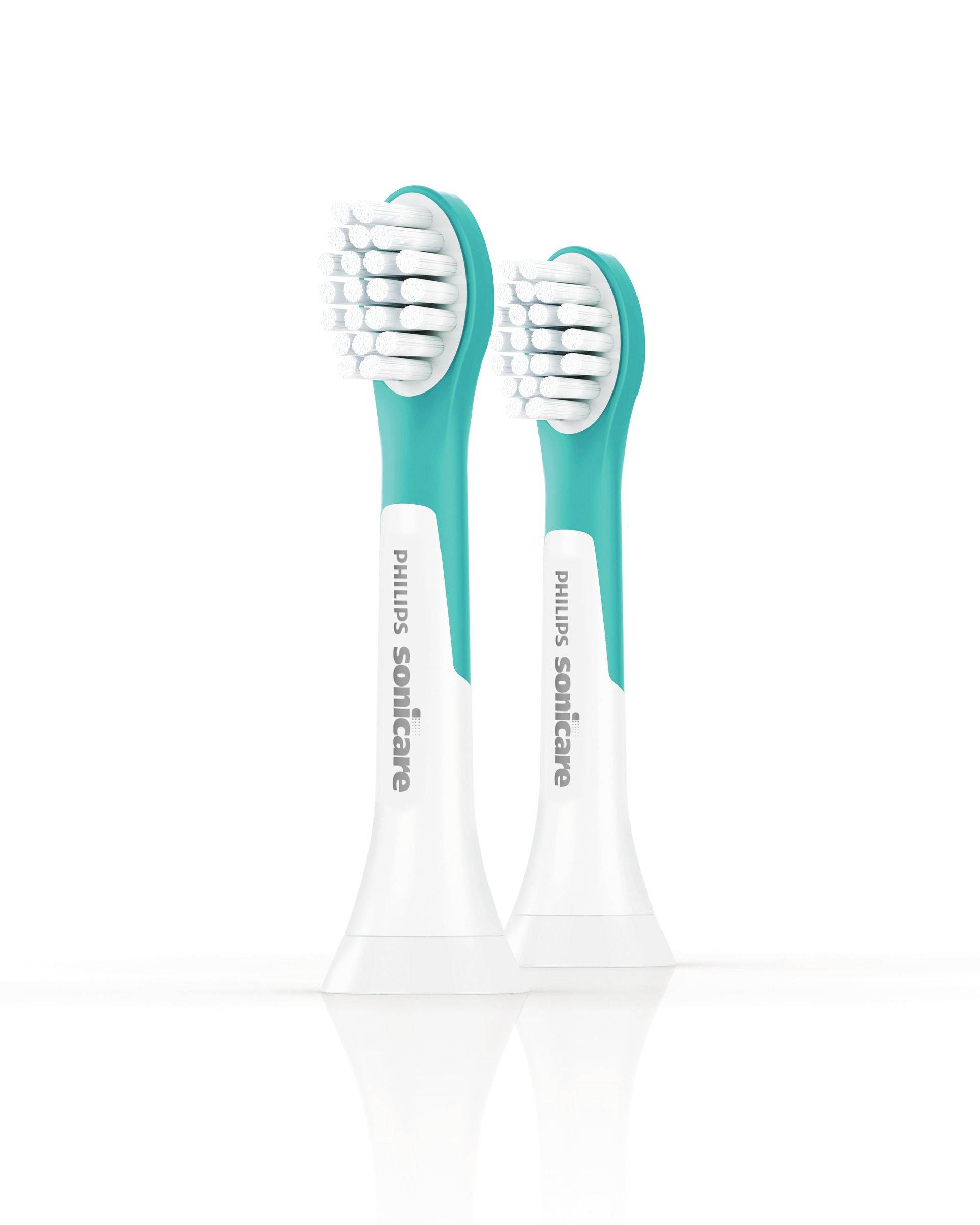 Zwei Philips Sonicare Zahnbürstenköpfe in Weiß und Türkis stehen nebeneinander auf weißem Hintergrund.
