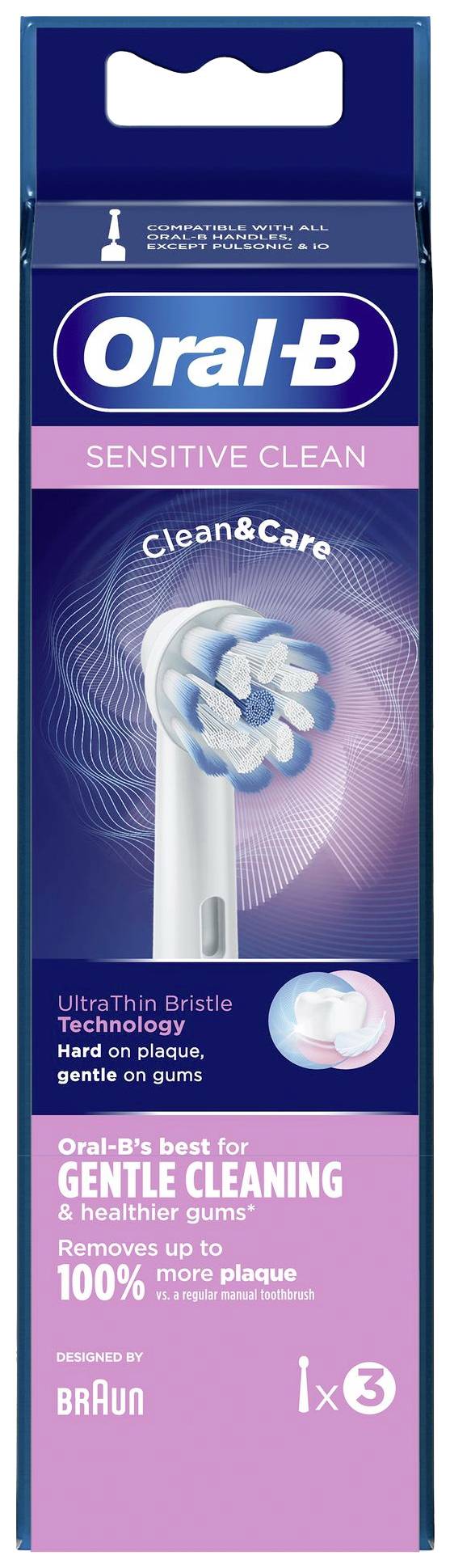 'Verpackung einer Oral-B Sensitive Clean Ersatz-Zahnbürstenkopf. Enthält UltraThin Borsten für sanfte Reinigung, entfernt bis zu 100 % mehr Plaque.'