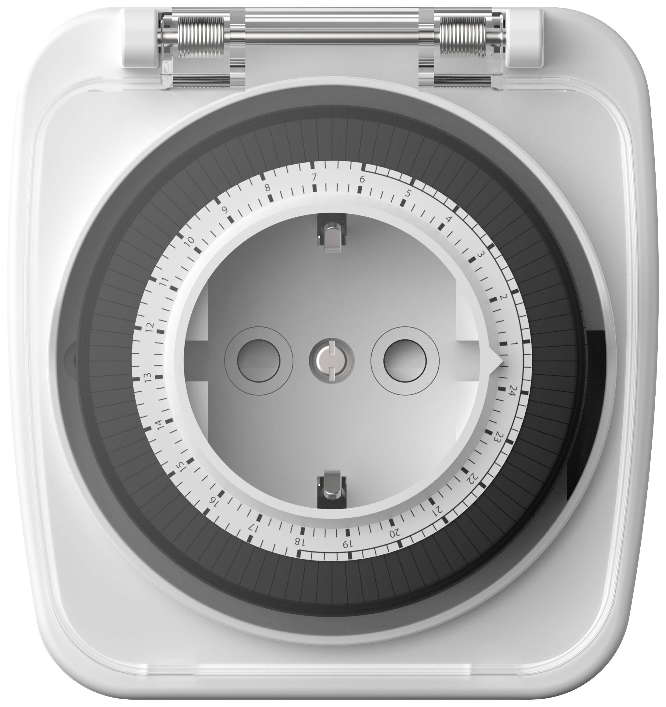 Mechanische Zeitschaltuhr mit Steckdose, Zeiteinteilung in 15-Minuten-Intervallen, geeignet für Innen- und Außeneinsatz.