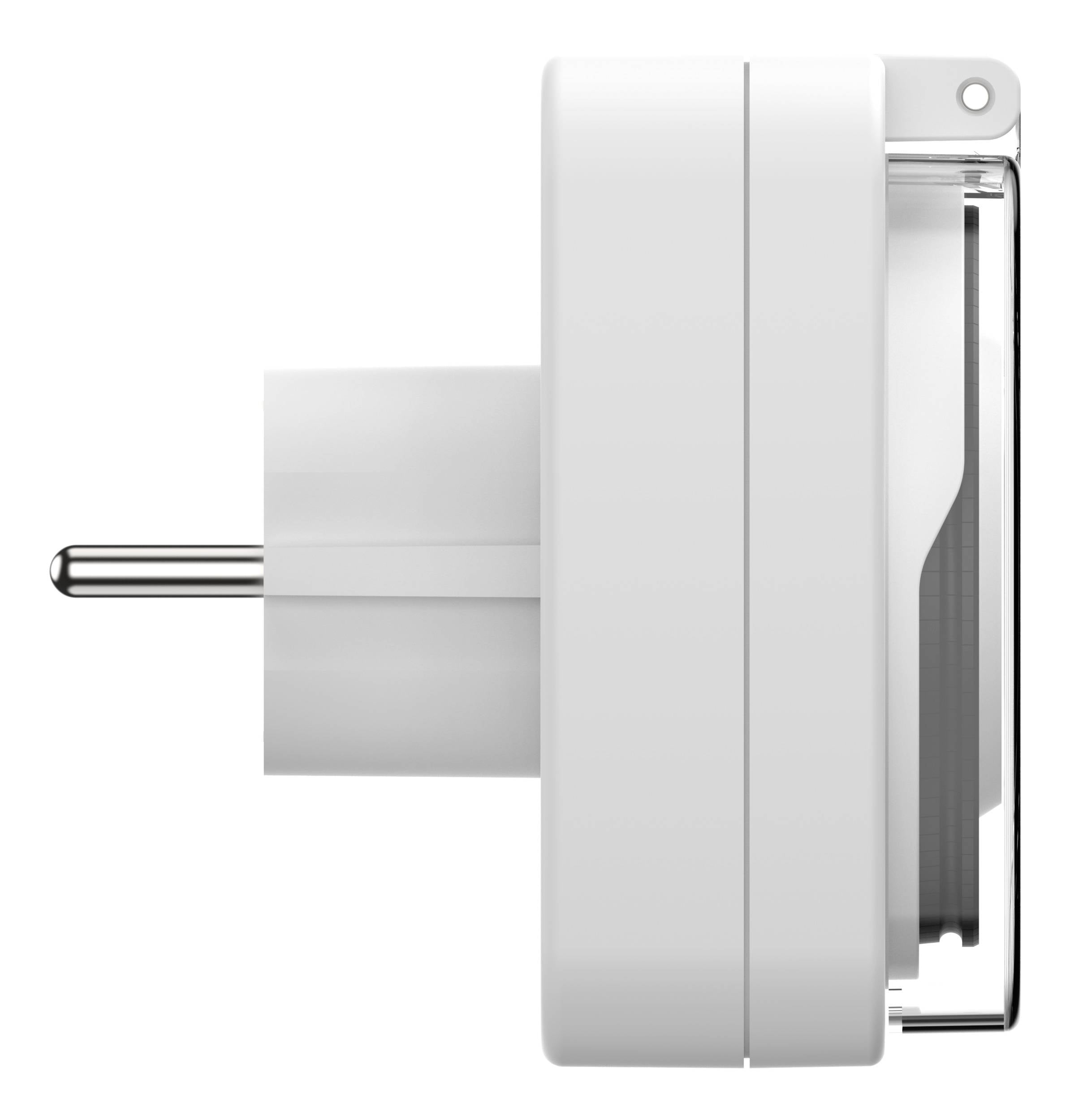 'Weiße, seitlich abgebildete Steckdose, geeignet zur Wandmontage.'