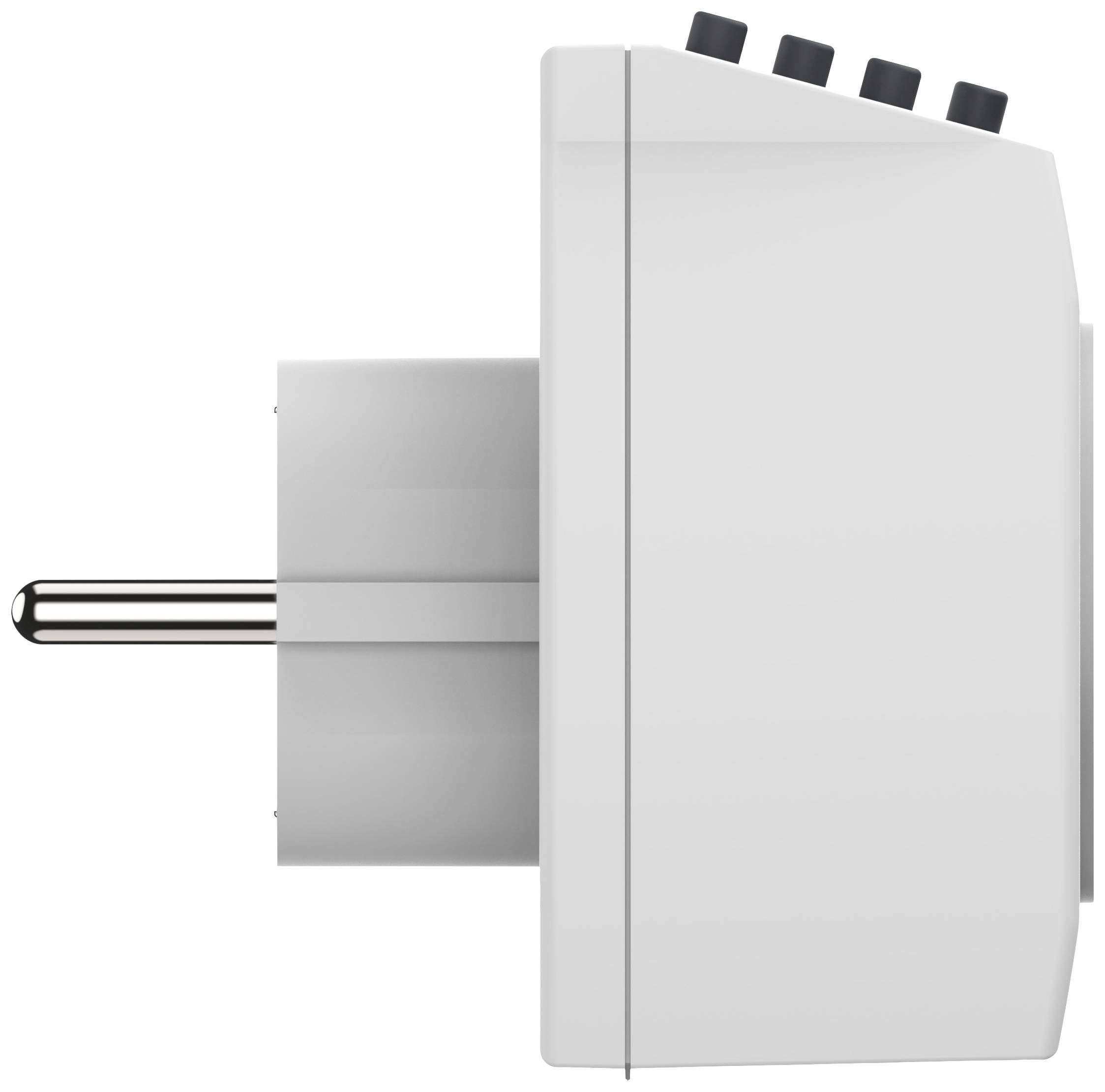 Seitliche Ansicht eines weißen Steckers mit mehreren schwarzen Schaltern.