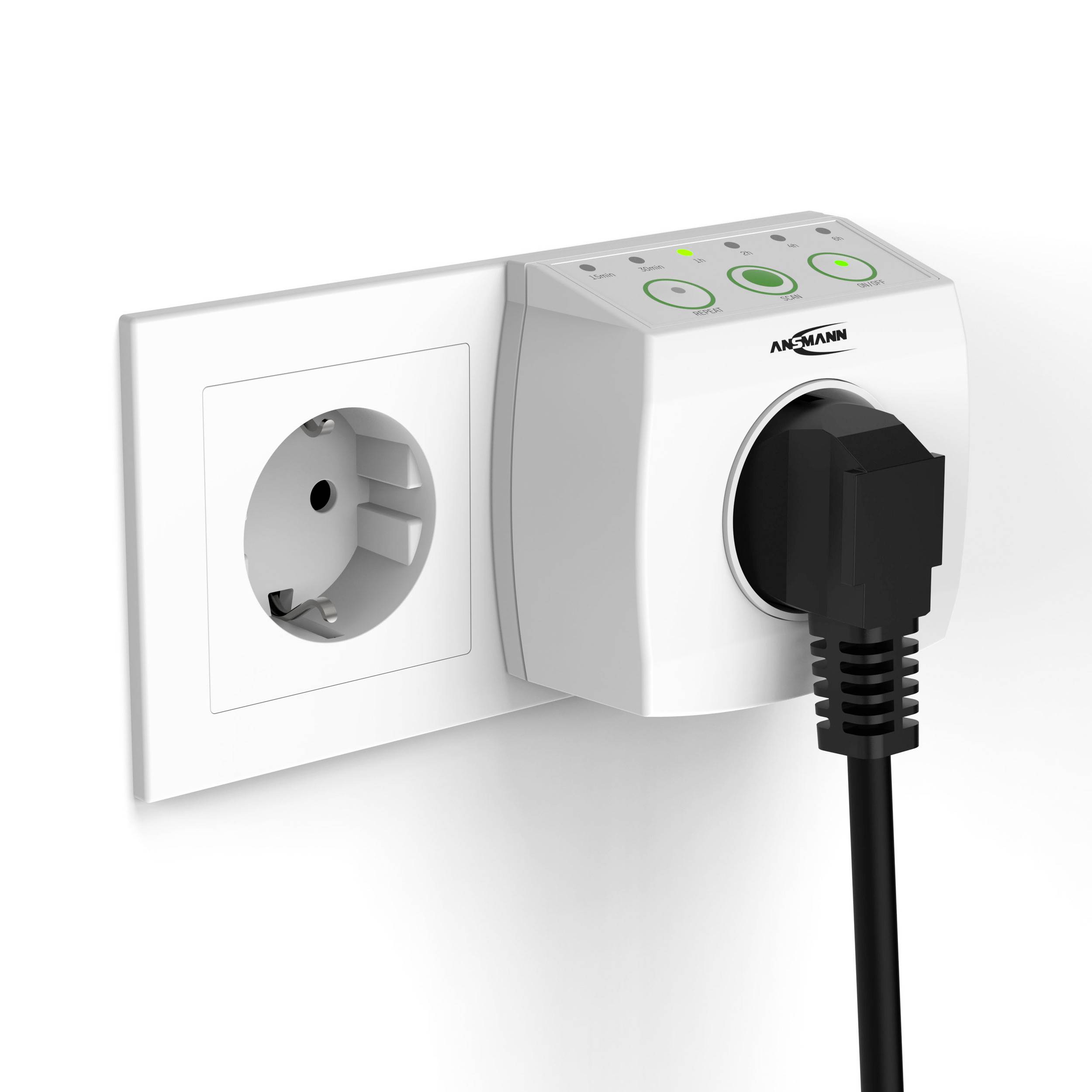 Zwei Steckdosenleiste mit integriertem Schalter und LED-Anzeigen. Ein Stecker ist eingesteckt, die Leiste zeigt grüne LEDs.