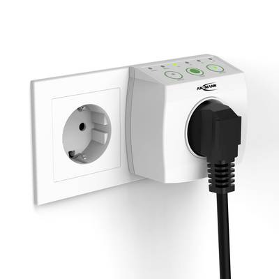 Zwei Steckdosenleiste mit integriertem Schalter und LED-Anzeigen. Ein Stecker ist eingesteckt, die Leiste zeigt grüne LEDs.