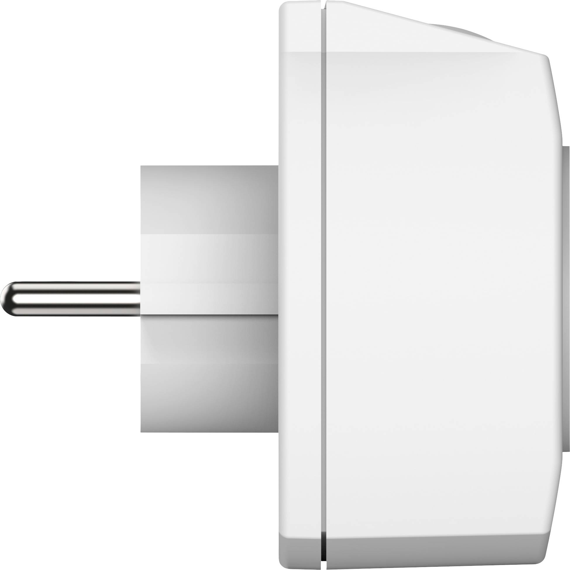 Weiße Steckdose in Seitenansicht, zeigt den europäischen Stecker mit zwei runden Stiften. Minimalistisches Design.