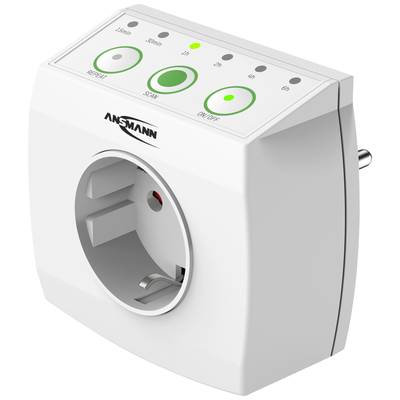 Eine weiße Zeitschaltuhr mit Steckdose und vier Knöpfen: Timer, Scan, Ein/Aus und Repeat. Für Energiemanagement von Geräten.