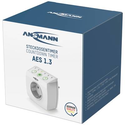 Verpackung eines Steckdosentimers 'AES 1.3' mit Countdown-Funktion, Marke Ansmann, mit deutschem Qualitätssiegel.