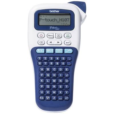 Handlicher Etikettendrucker mit QWERTZ-Tastatur und Display, auf dem 'P-touch H107' steht. Gerät hat blaue und weiße Farbtöne.