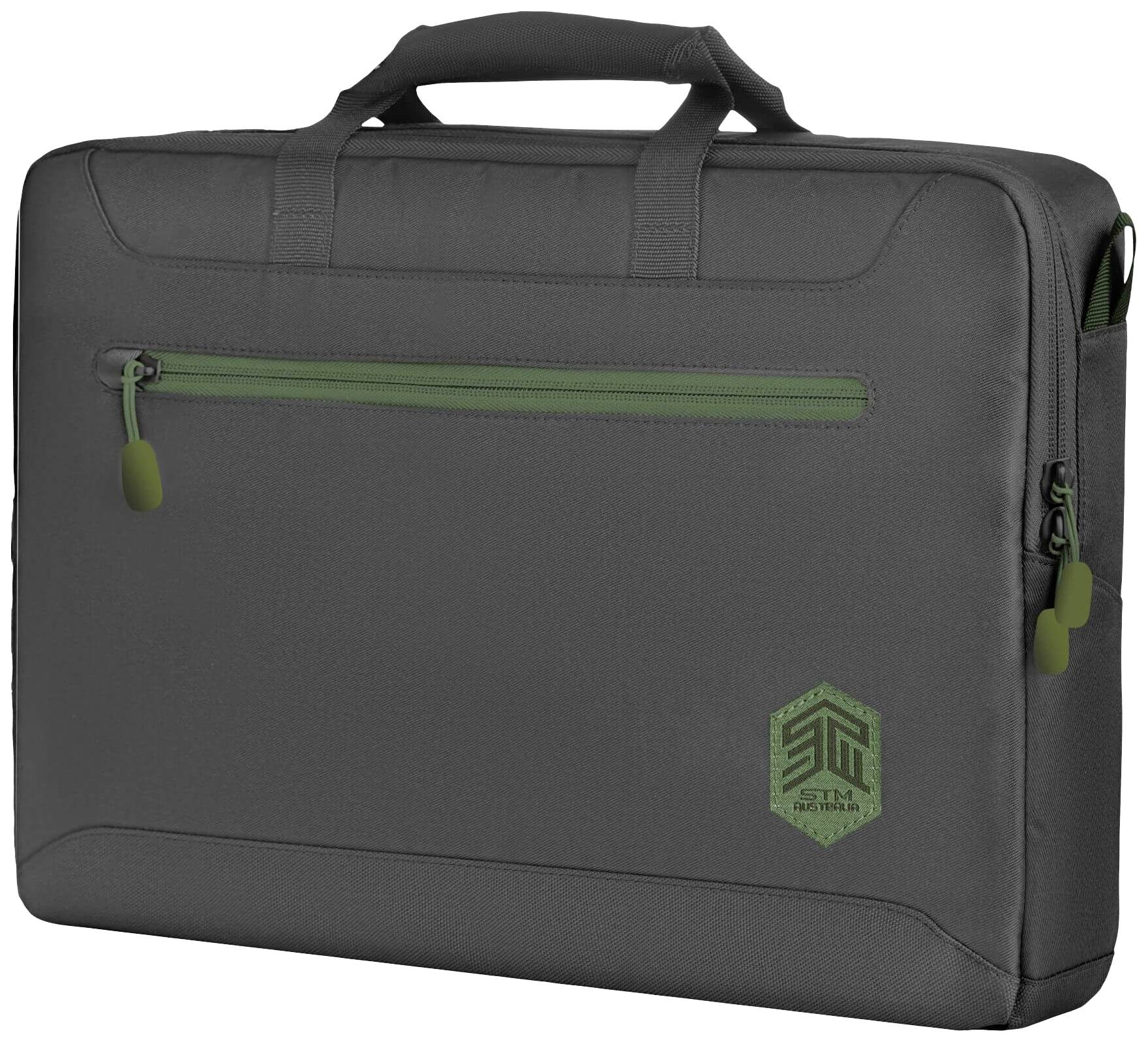 Laptop-Tasche mit Tragegriff, Reißverschluss und grünem Logo auf der Vorderseite, geeignet für den sicheren Transport eines Laptops.