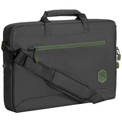 Eine schwarze Laptop-Tasche mit einem Schulterriemen und einem grünen Reißverschlussfach vorne.