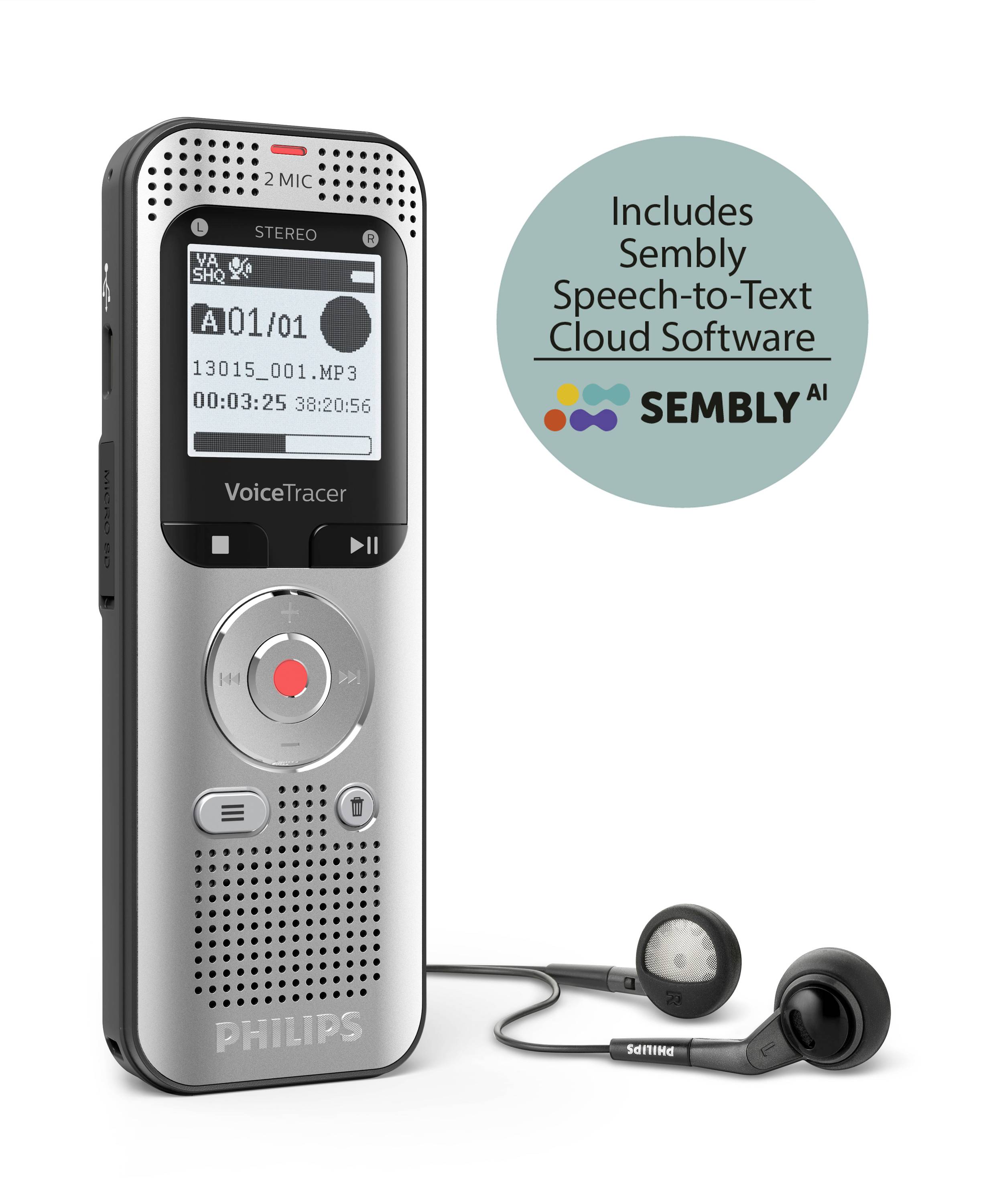 Ein silberner Diktiergerät von Philips mit Kopfhörern. Auf dem Display ist eine Audioaufnahme sichtbar. Rechts ein Logo: 'Sembly Speech-to-Text'.