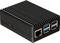 Ein kleiner, rechteckiger Computer mit mehreren USB-Anschlüssen und einem Ethernet-Anschluss, schwarz mit Kühlrippen oben.