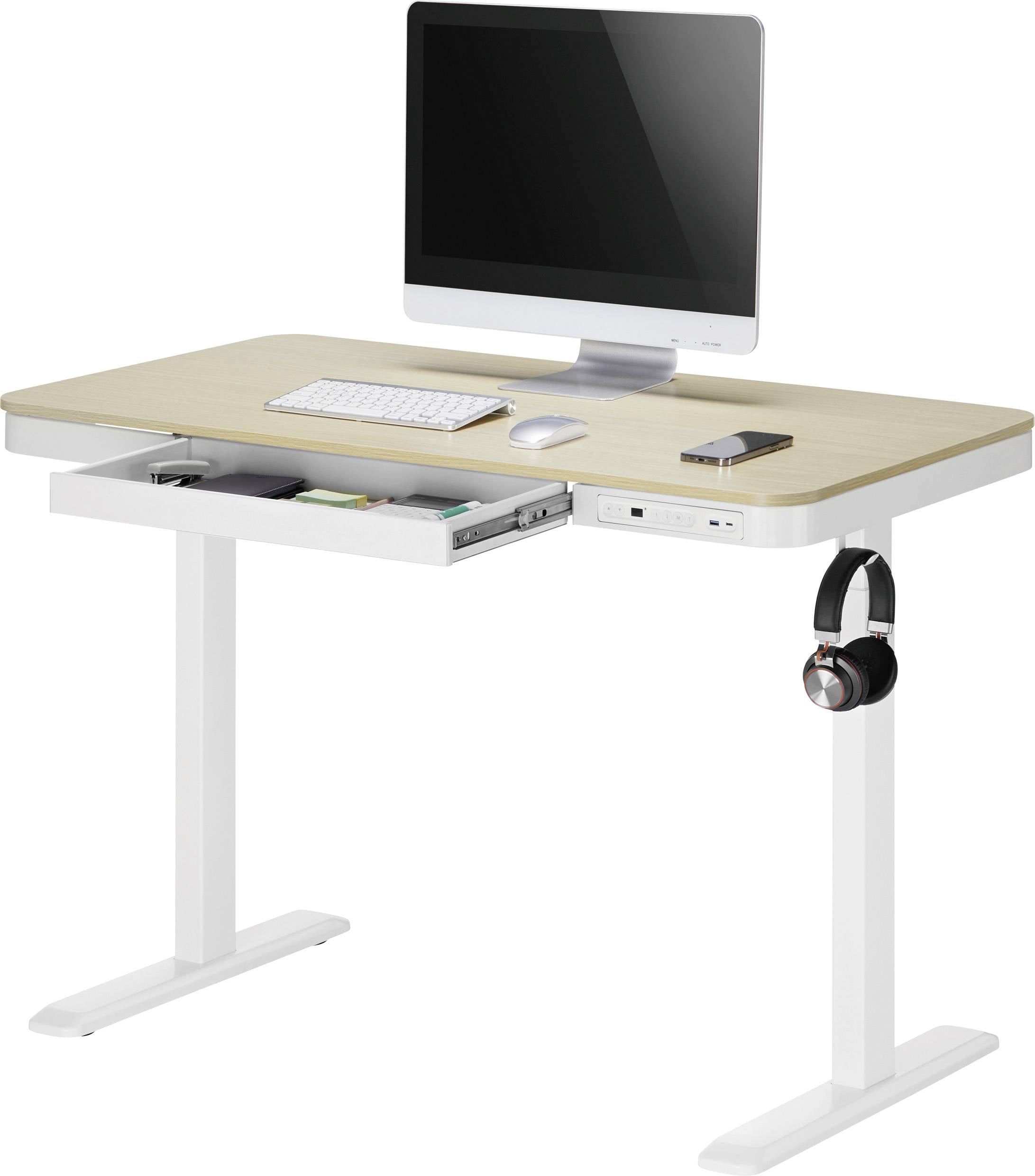 Moderner Schreibtisch mit Holzplatte, weißem Gestell und Schublade. Darauf ein Computer, Tastatur, Maus und Laptop. Kopfhörer hängen seitlich.