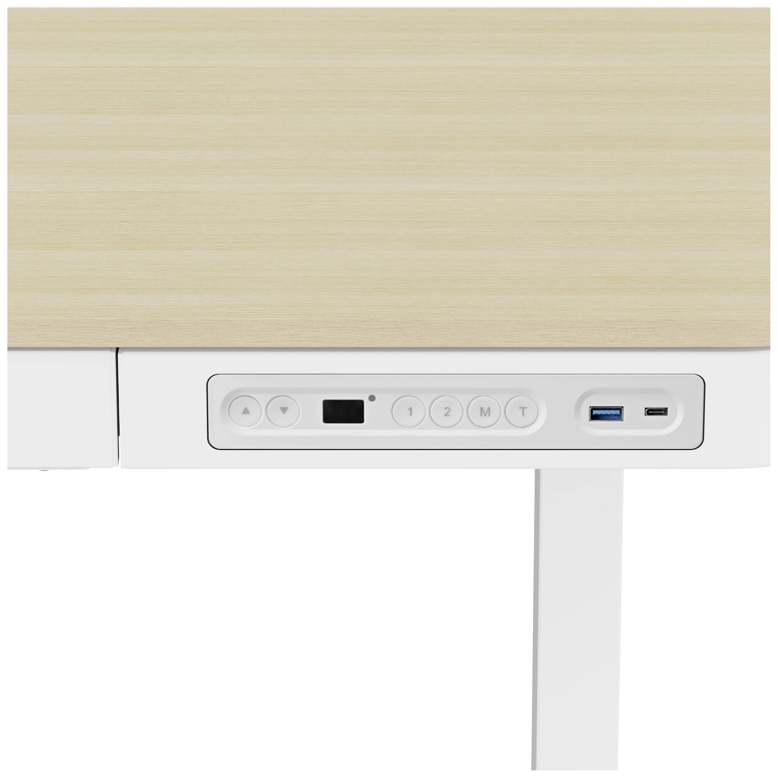Höhenverstellbarer Schreibtisch-Bedienfeld mit Knöpfen zur Einstellung der Höhe, einem Bildschirm und USB-Anschlüssen.