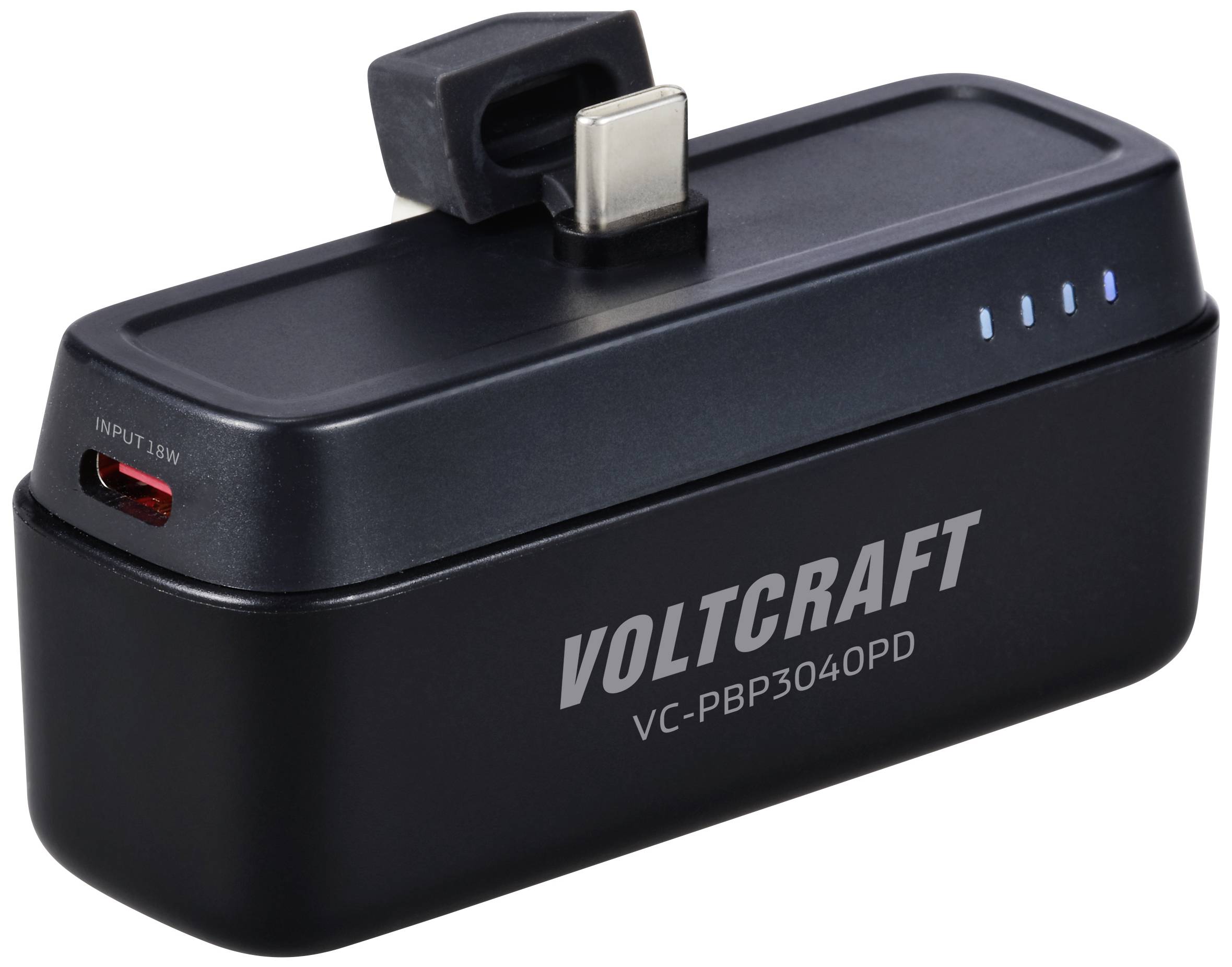 Tragbarer Powerbank-Adapter 'Voltcraft', Modell VC-PBP3040PD, mit USB-C Anschluss und vier blauen Ladeanzeigen für Batteriestatus.