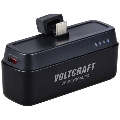 Tragbarer Powerbank-Adapter 'Voltcraft', Modell VC-PBP3040PD, mit USB-C Anschluss und vier blauen Ladeanzeigen für Batteriestatus.