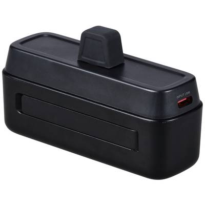 Ein schwarzes Ladegerät mit einem rechteckigen Design und einem USB-Eingang 'INPUT: 18W' an der Seite.