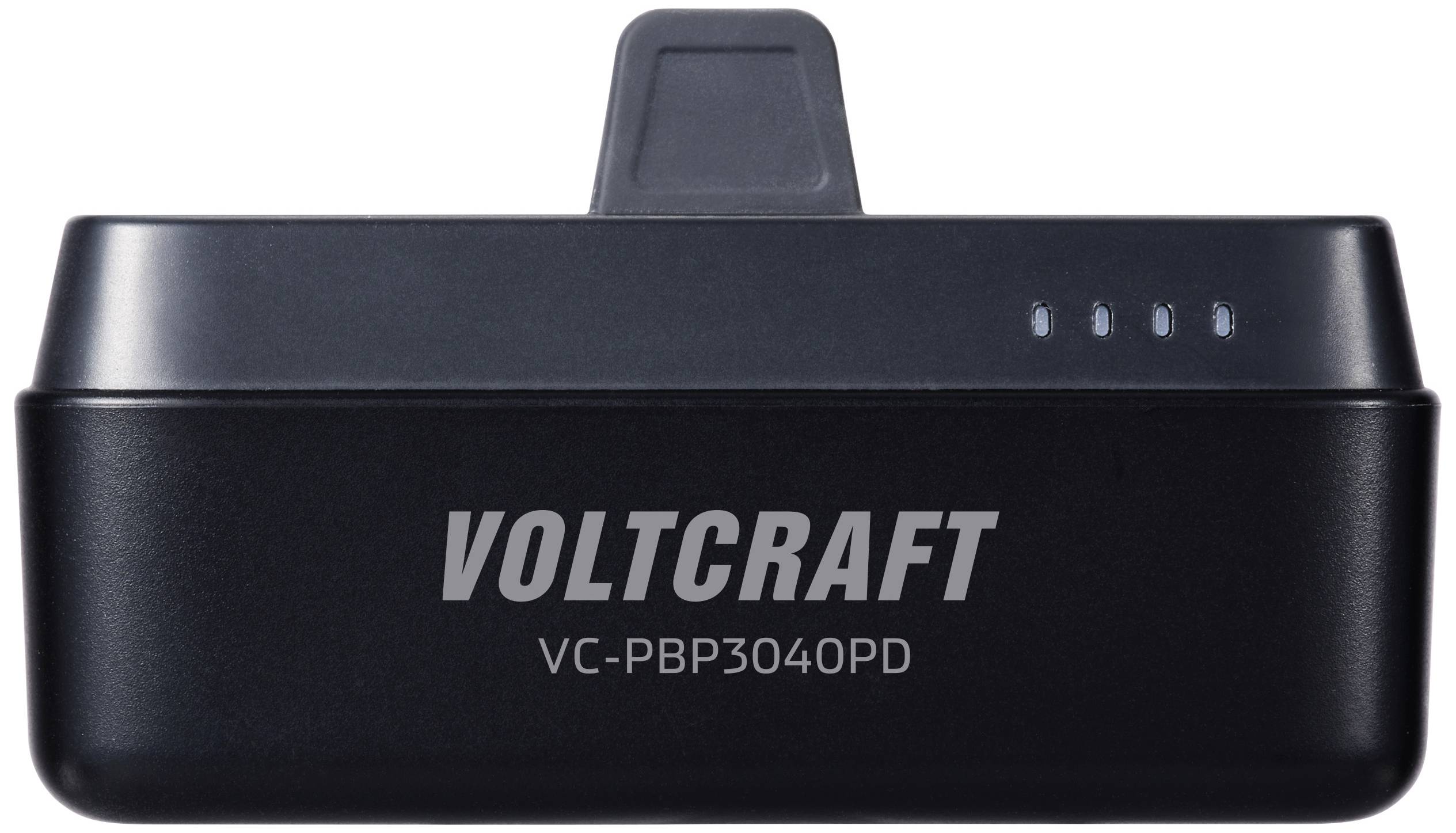 Ein tragbares Ladegerät von Voltcraft, Modell VC-PBP3040PD, mit vier Ladeanzeige-LEDs auf der Oberseite und einem USB-Anschluss.