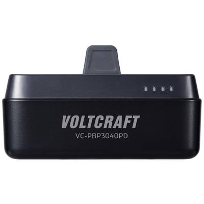 Ein tragbares Ladegerät von Voltcraft, Modell VC-PBP3040PD, mit vier Ladeanzeige-LEDs auf der Oberseite und einem USB-Anschluss.