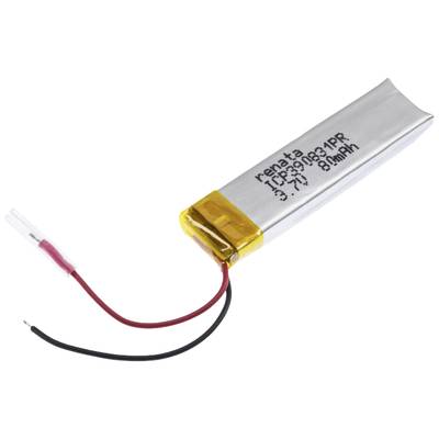 Ein schmaler, rechteckiger Lithium-Polymer-Akku mit Kabeln an einem Ende. Kapazität: 8mAh, Spannung: 3,7V, Marke: Renata.