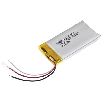 Ein kleiner, flacher Lithium-Polymer-Akku mit drei herausragenden Drähten (rot, weiß, schwarz) und Schrift auf der Oberfläche.