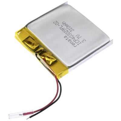 Ein rechteckiger Lithium-Polymer-Akku mit gelben Isoliermaterial und roten und schwarzen Kabeln, teilweise sichtbar.