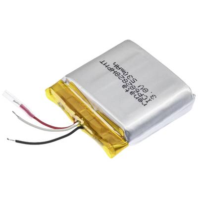 Flache rechteckige Lithium-Polymer-Batterie mit gelbem Klebeband und drei Kabeln (rot, schwarz, weiß) an einer Seite.
