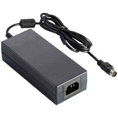Ein schwarzes Netzteil mit Kabel und rundem Stecker, geeignet für elektronische Geräte, auf einem weißen Hintergrund.