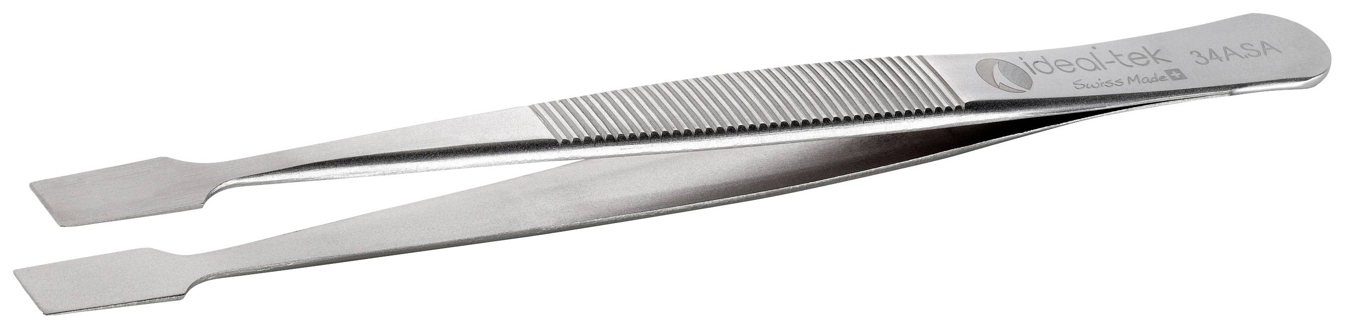 Eine Metallpinzette mit zwei flachen Enden, geripptem Griff und der Aufschrift 'ideal-tek SA AA Switzerland' am Griff.