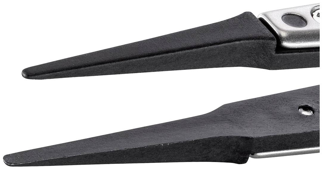 Zwei schwarze, spitze Klingen eines Werkzeugs, vermutlich einer Schere oder Zange, aus Metall, übereinander liegend.