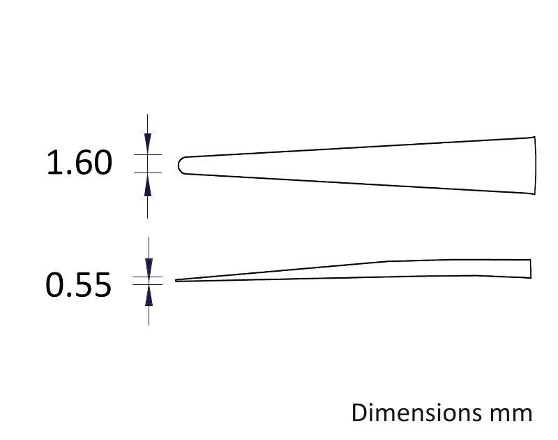 Zeichnung eines sich verjüngenden Werkzeugs mit Breitenangaben: 1,60 mm und 0,55 mm. Text 'Dimensions mm' unten rechts.