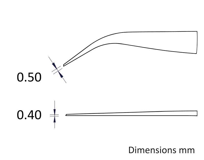 Zeichnung zeigt zwei Ansichten eines Werkzeugs mit Abmessungen 0,50 mm und 0,40 mm. Beschriftung: 'Dimensions mm'.