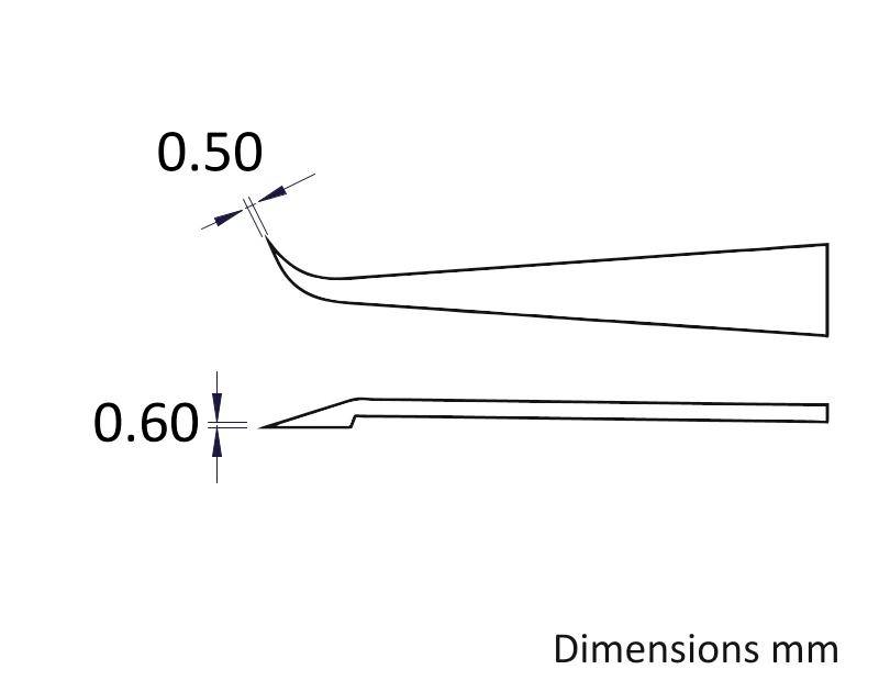 Abbildung einer technischen Zeichnung zeigt zwei Werkzeuge mit den Abmessungen 0,50 mm und 0,60 mm in Millimetern beschriftet.