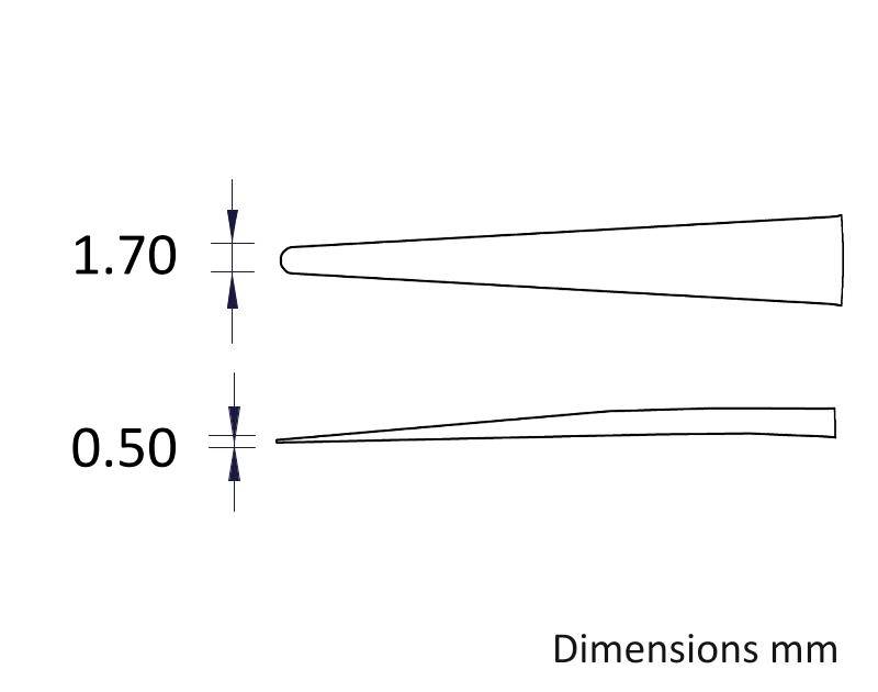Tapered object with dimensions; top width 1.70 mm, narrows to 0.50 mm. Side view and sectional view provided.