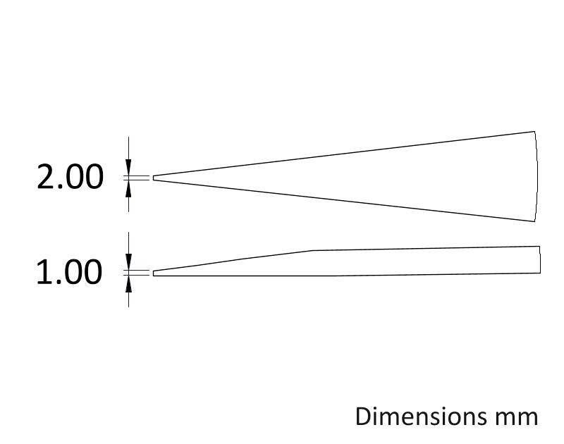 Zeichnung von zwei sich verjüngenden Stäben mit den Abmessungen 2,00 mm und 1,00 mm. Text: 'Dimensions mm'.